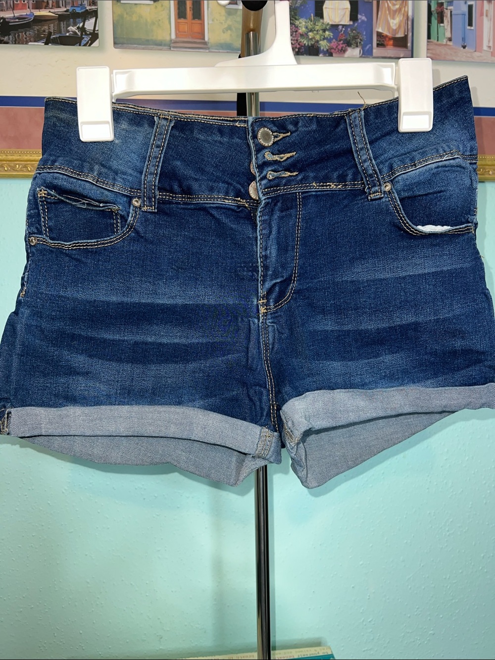 High-Rise Blue Denim Roll-Cuff Jean Shorts 14” Waist   2” inseam $15